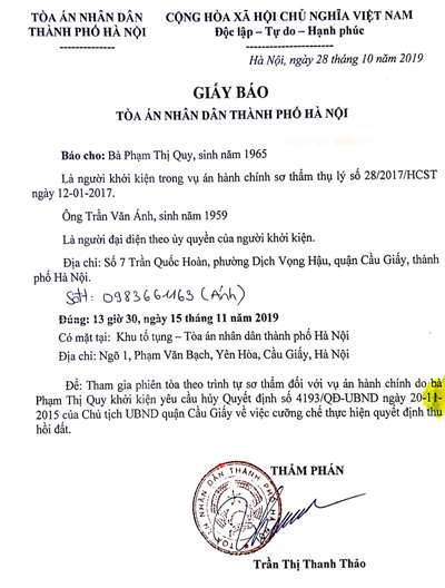 B&agrave; Quy khởi kiện UBND quận Cầu Giấy