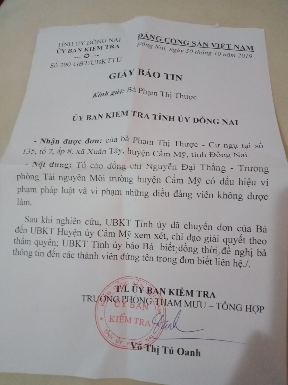 Gi&acirc;́y báo của Tỉnh ủy Đ&ocirc;̀ng Nai gửi người d&acirc;n