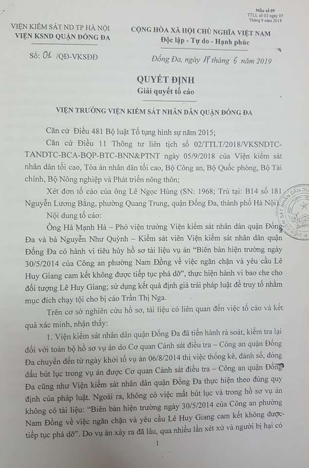 Quyết định giải quyết đơn tố c&aacute;o do Viện trưởng Ng&ocirc; Hồng Sơn k&iacute;