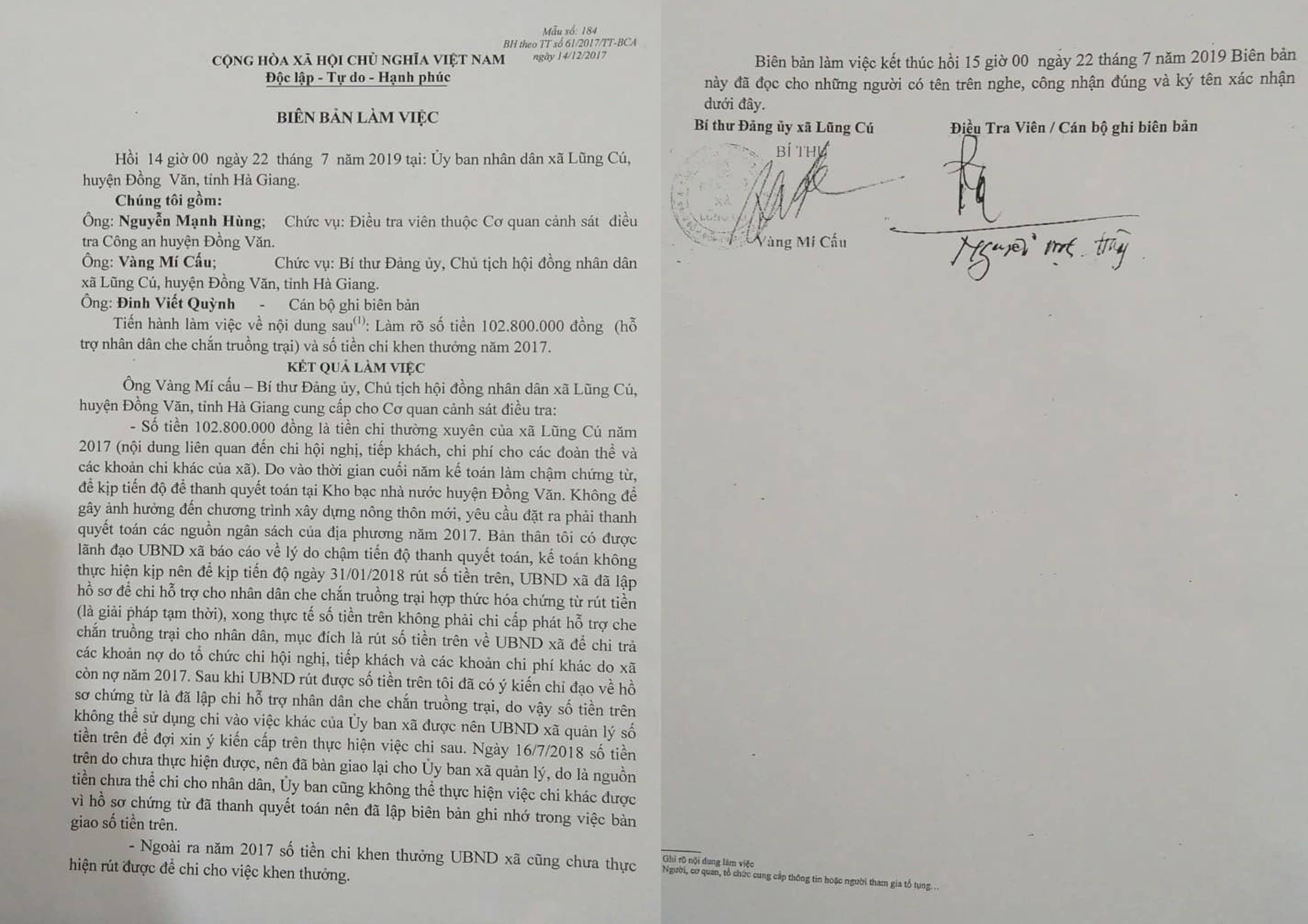 Bi&ecirc;n bản l&agrave;m việc giữa C&ocirc;ng an huyện Đồng Văn v&agrave; đại diện x&atilde; Lũng C&uacute;