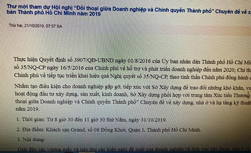 Thư mời Họi nghị doanh nghiệp với ch&iacute;nh quyền TP Hồ CH&iacute; Minh