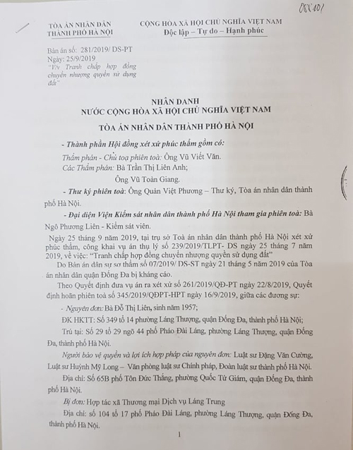 Bản &aacute;n ph&uacute;c thẩm số 281/2019/DS-PT của TAND TP H&agrave; Nội.