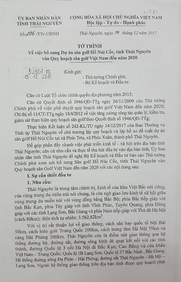 &Ocirc;ng Vũ Hồng Bắc Chủ tịch UBND tỉnh Th&aacute;i Nguy&ecirc;n c&oacute; tờ tr&igrave;nh gửi Thủ tướng Ch&iacute;nh phủ v&agrave; Bộ Kế hoạch v&agrave; Đầu tư xin bổ sung Dự &aacute;n s&acirc;n golf Hồ N&uacute;i Cốc