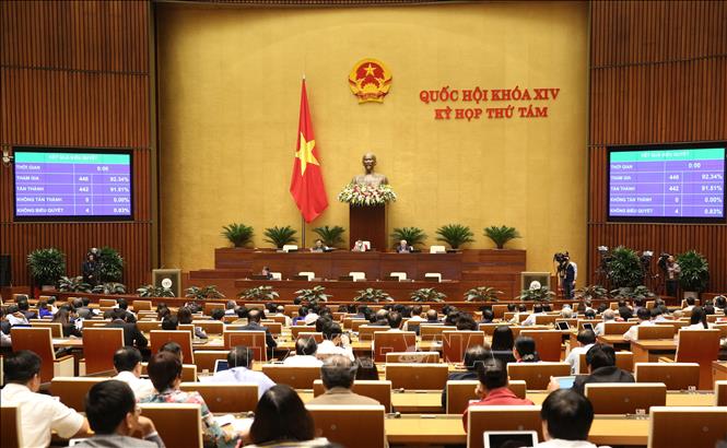 C&aacute;c đại biểu Quốc hội biểu quyết th&ocirc;ng qua Luật Thư viện với 442/446 đại biểu t&aacute;n th&agrave;nh, đạt tỷ lệ 91,51%. Ảnh: Dương Giang/TTXVN