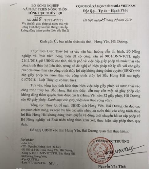 Văn bản đ&ocirc;n đốc (lần 2) Tổng cục Thủy lợi gửi 2 tỉnh Hưng Y&ecirc;n, Hải Dương.