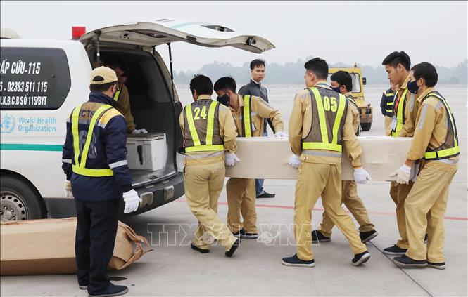 Lực lượng chức năng đưa thi h&agrave;i c&aacute;c nạn nh&acirc;n l&ecirc;n &ocirc; t&ocirc; từ s&acirc;n bay quốc tế Nội B&agrave;i về qu&ecirc; nh&agrave;.