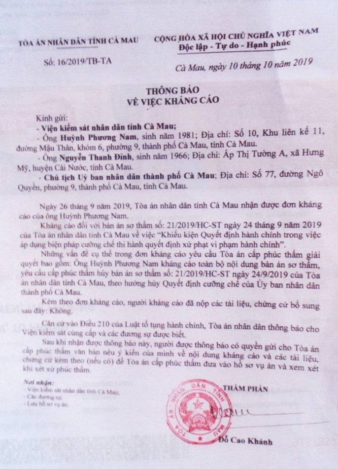 TP Cà Mau, tỉnh Cà Mau: Tòa đang giải quyết vụ án, chính quyền đã đòi cưỡng chế?!