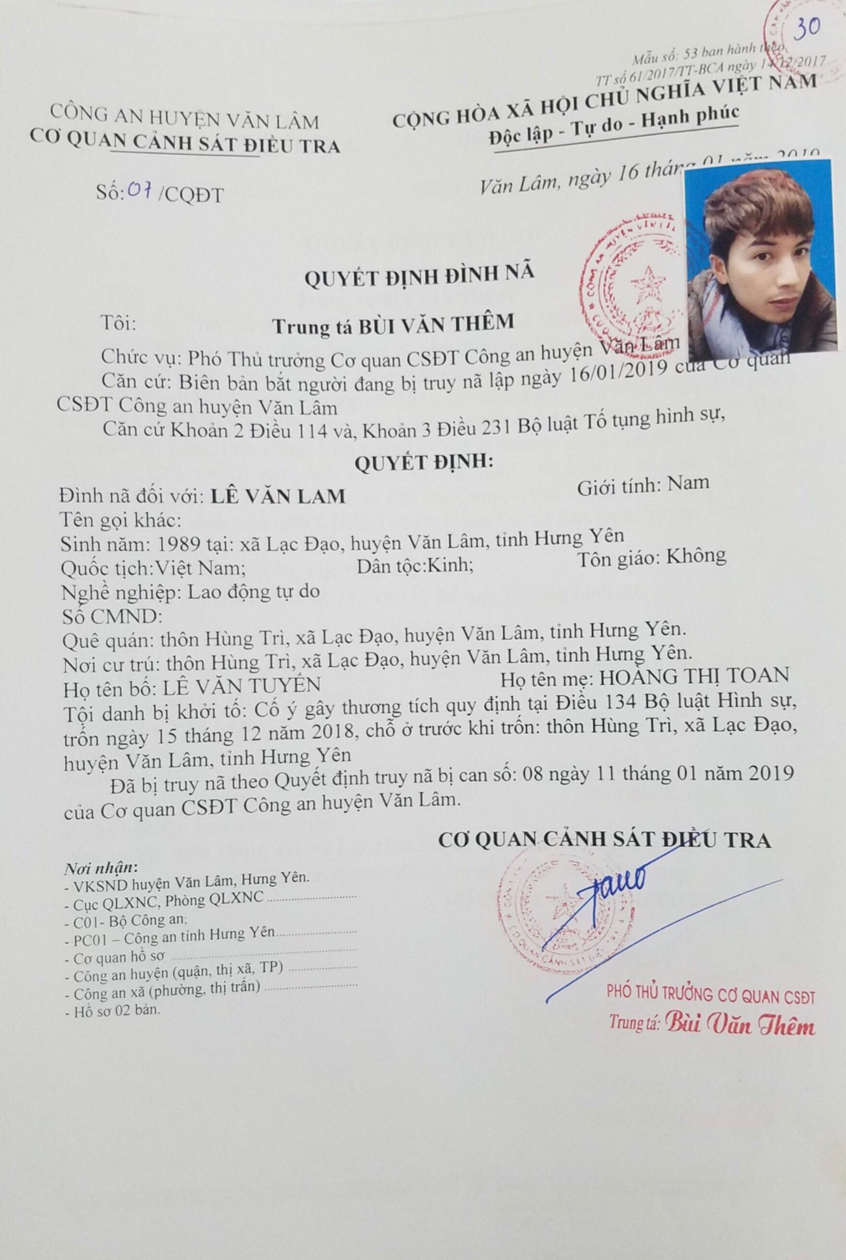 Quy&ecirc;́t định đình nã của Cơ quan cảnh sát đi&ecirc;̀u tra C&ocirc;ng an huy&ecirc;̣n Văn L&acirc;m.