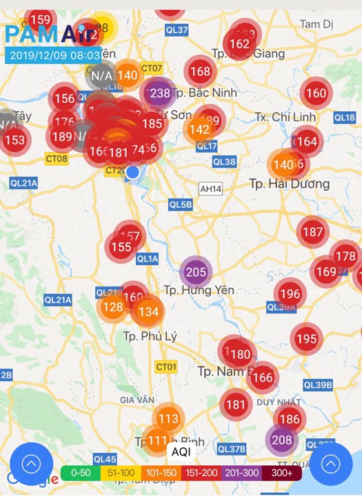 Nhiều điểm đo ở ngưỡng t&iacute;m s&aacute;ng nay theo ghi nhận của hệ thống quan trắc PAMAir. Ảnh chụp m&agrave;n h&igrave;nh