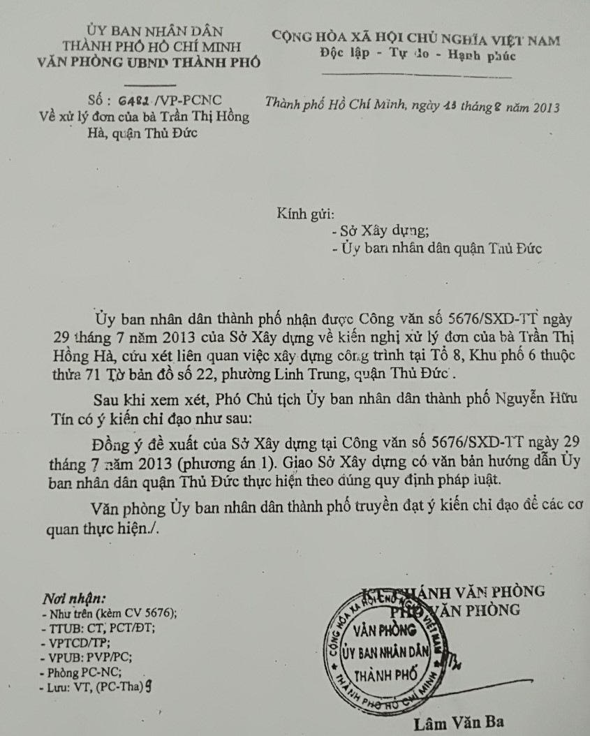 Về việc cưỡng chế phá dỡ nhà của bà Trần Thị Hồng Hà ở UBND phường Linh Trung, quận Thủ Đức, TP Hồ Chí Minh: Có dấu hiệu cố tình làm trái chỉ đạo của