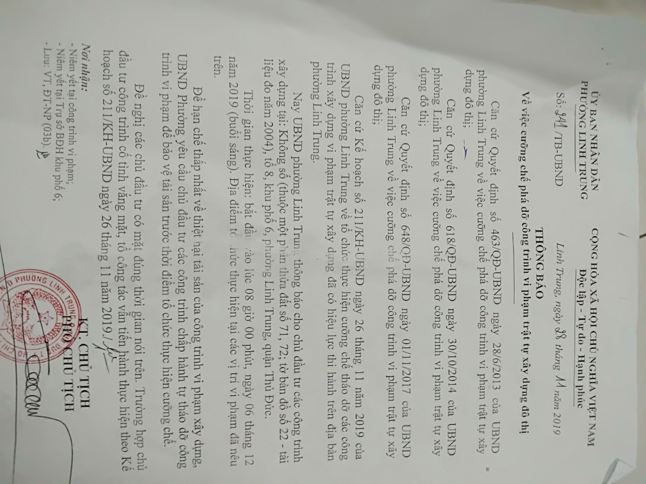Về việc cưỡng chế phá dỡ nhà của bà Trần Thị Hồng Hà ở UBND phường Linh Trung, quận Thủ Đức, TP Hồ Chí Minh: Có dấu hiệu cố tình làm trái chỉ đạo của