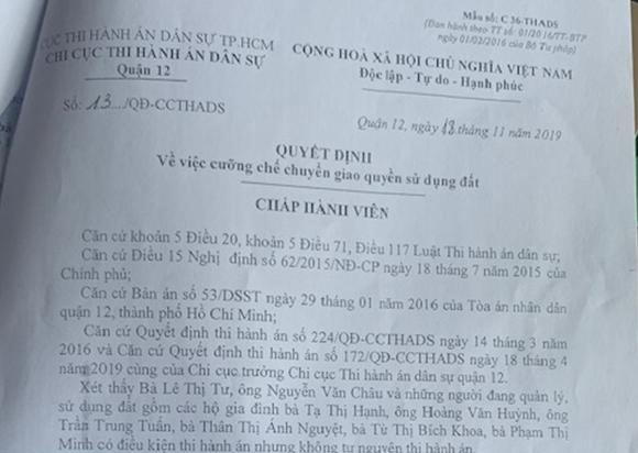 Quyết định v&agrave; Th&ocirc;ng b&aacute;o cưỡng chế theo bản &aacute;n của Chi cục THADS quận 12.