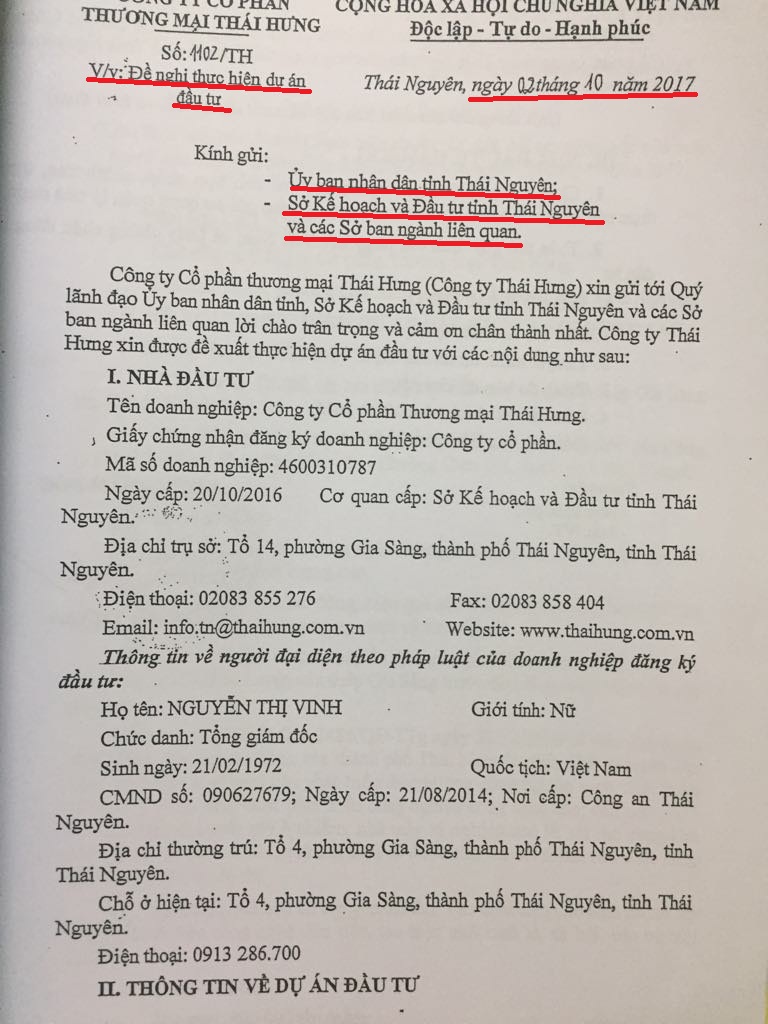 Văn bản đề xuất dự &aacute;n của C&ocirc;ng ty Th&aacute;i Hưng
