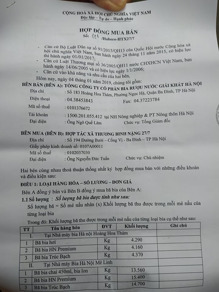 Hợp đồng giữa HTX thương binh năng với C&ocirc;ng ty bia rượu nước giải kh&aacute;t H&agrave; Nộ
