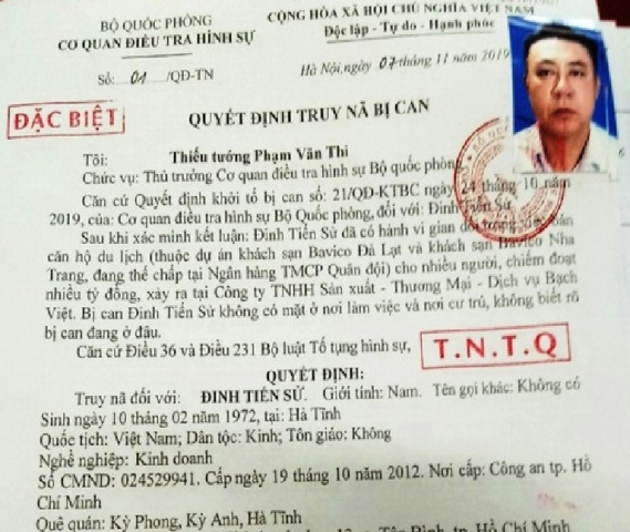 Quyết định truy n&atilde; đặc biệt &ocirc;ng Đinh Tiến Sử của Cơ quan ĐTHS Bộ Quốc ph&ograve;ng