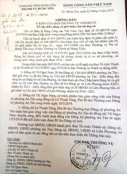 Quyết định điều động &ocirc;ng Nam về l&agrave;m Ph&oacute; B&iacute; thư Đảng ủy x&atilde; Li&ecirc;n Phương