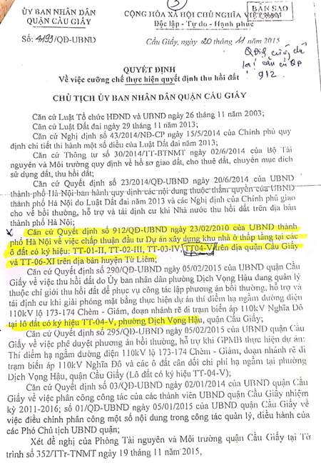 Quyết định cưỡng chế số 4193 của UBND quận Cầu Giấy c&oacute; căn cứ Quyết định số 912 ph&ecirc; duyệt x&acirc;y dựng nh&agrave; ở thấp tầng c&oacute; l&ocirc; đất TT04-V