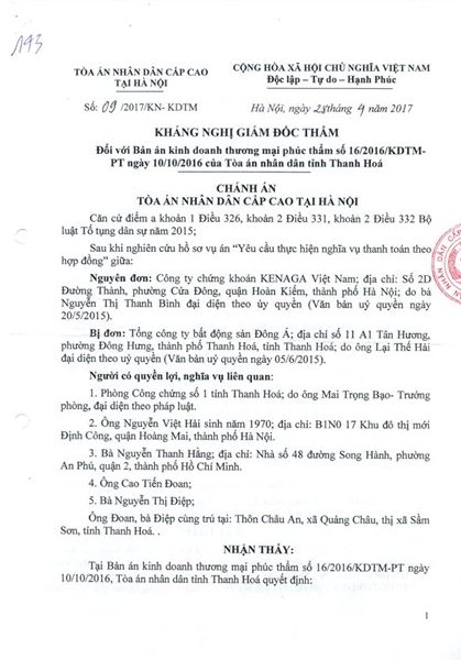 Ch&aacute;nh &aacute;n TAND Cấp cao tại H&agrave; nội ra Quyết định số 09/2017/KN-KDTM đề nghị hủy bản &aacute;n sơ thẩm v&agrave; ph&uacute;c thẩm