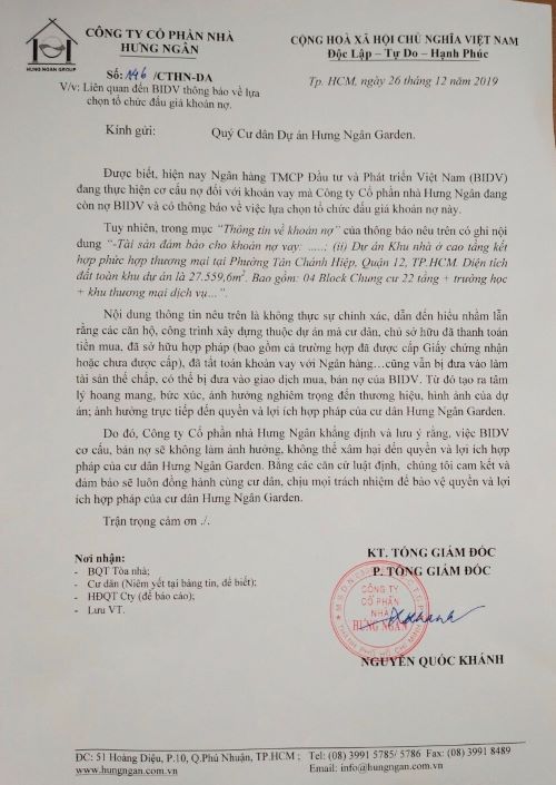 Công ty CP nhà Hưng Ngân khẳng định: “Chịu mọi trách nhiệm để bảo vệ quyền và lợi ích hợp pháp của cư dân Hưng Ngân Garden”
