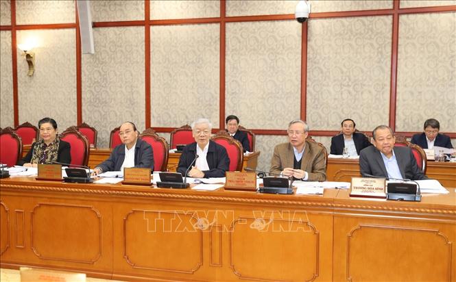 Tổng B&iacute; thư, Chủ tịch nước Nguyễn Ph&uacute; Trọng ph&aacute;t biểu chỉ đạo cuộc họp. Ảnh: Tr&iacute; Dũng/TTXVN