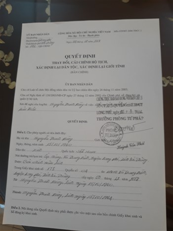 QĐ thay đổi cải ch&iacute;nh Hộ tịch ng&agrave;y 24/12/2007 của Chủ tịch UBND Huyện Long Ph&uacute; .