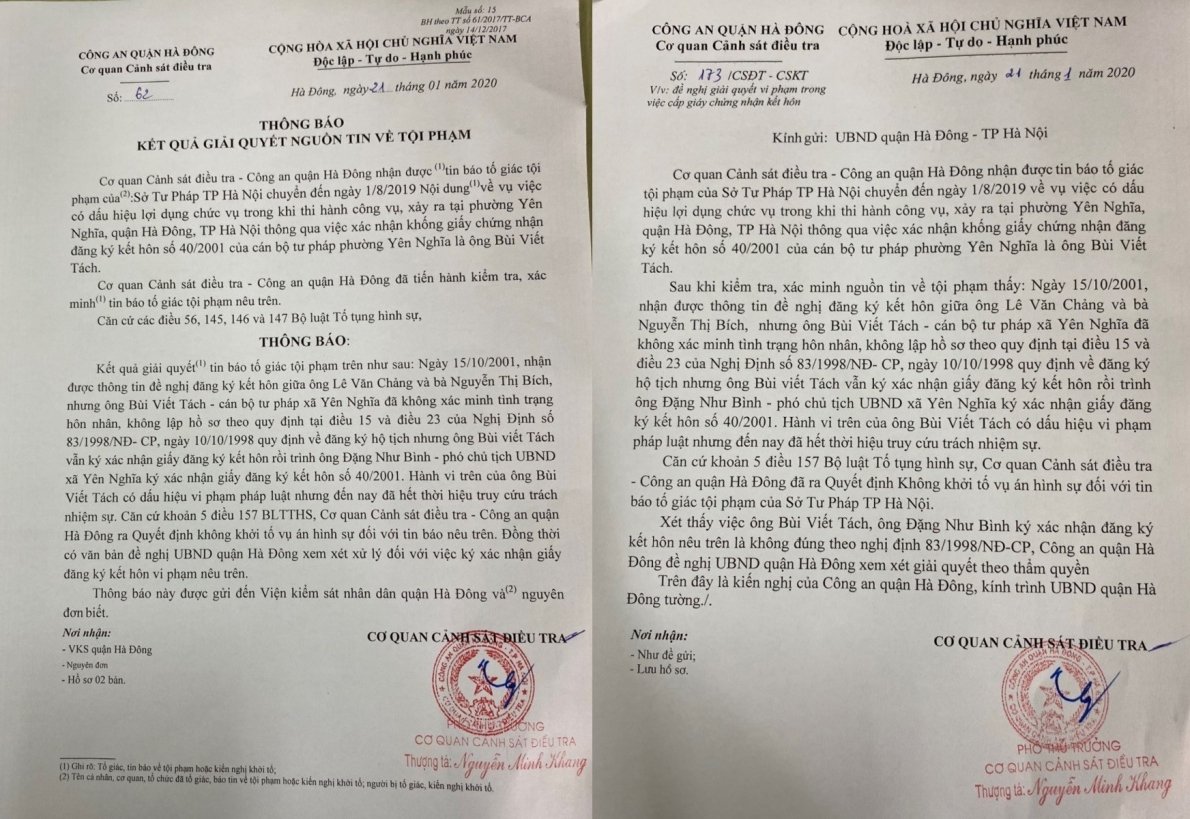 Đơn giải quyết nguồn tin tố giác tội phạm của Cơ quan công an quận Hà Đông