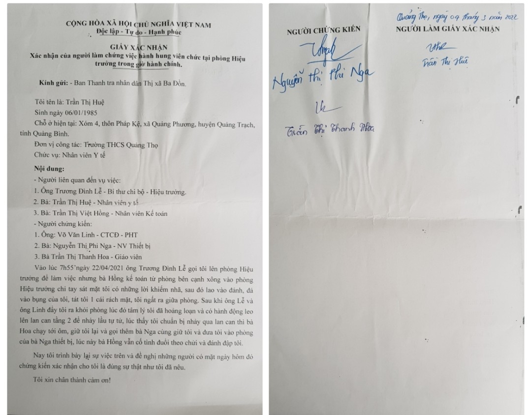Cần làm rõ tố cáo về khuất tất tài chính, vu khống, hành hung nhân viên xảy ra ở Trường THCS Quảng Thọ