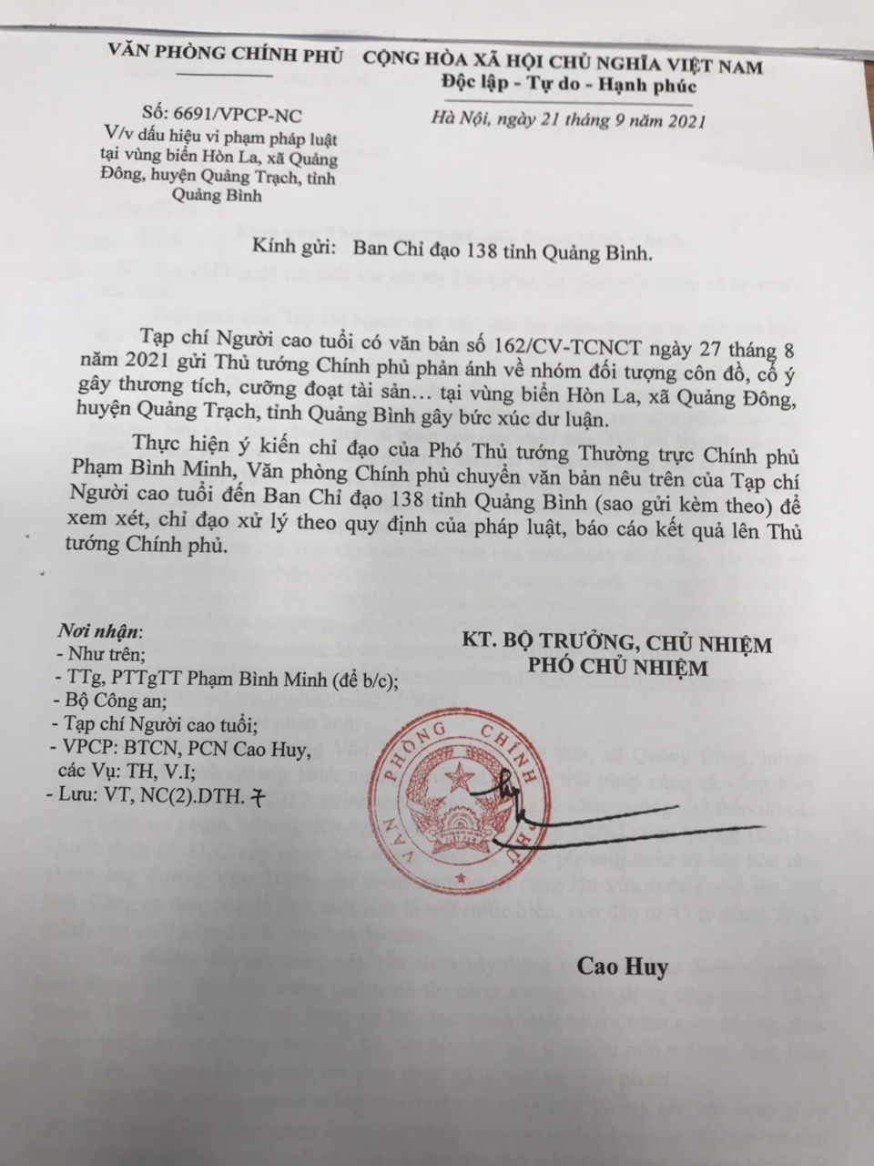 Phó Thủ tướng Thường trực Chính phủ chỉ đạo Ban Chỉ đạo 138 tỉnh Quảng Bình vào cuộc xử lý