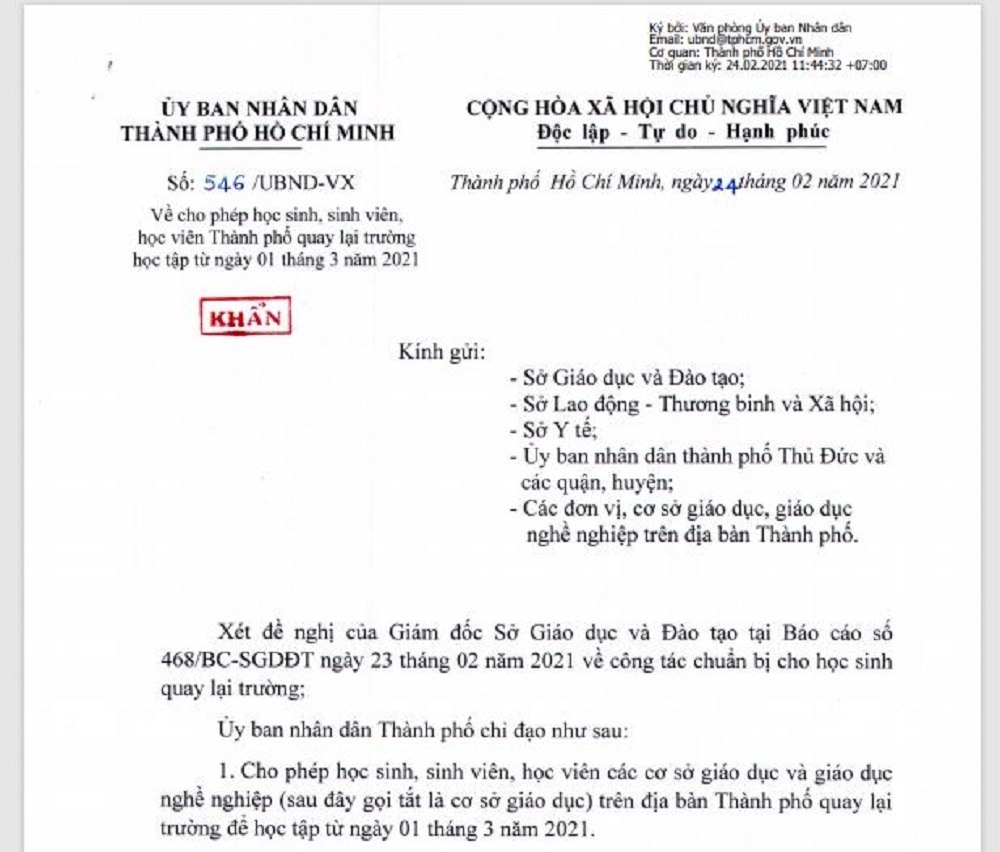 TP Hồ Chí Minh: Học sinh, sinh viên bắt đầu đi học trở lại từ ngày 1/3