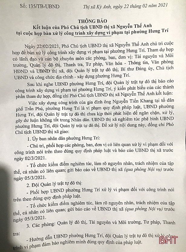 Thị xã Kỳ Anh, Hà Tĩnh: Chỉ đạo xử lý công trình xây lấn bờ kè sông Trí