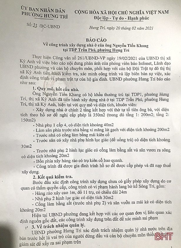 Thị xã Kỳ Anh, Hà Tĩnh: Chỉ đạo xử lý công trình xây lấn bờ kè sông Trí