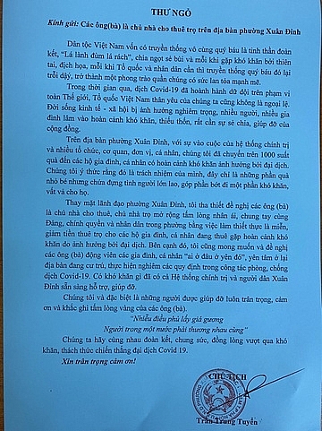 Quận Bắc Từ Liêm (Hà Nội): Phường Xuân Đỉnh vận động miễn giảm tiền thuê hơn 1200 phòng trọ cho người dân trong mùa dịch Covid-19