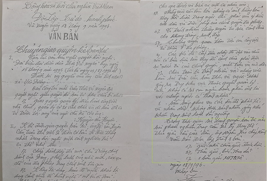 Văn bản chuyển giao quyền bán tự ngày 18/9/1996 cho ông Nguyễn Văn Huyên với điều điều khoản giao ước không được lạm dụng quyền để vi phạm không gian văn hóa tâm linh chùa Cảnh Bà.