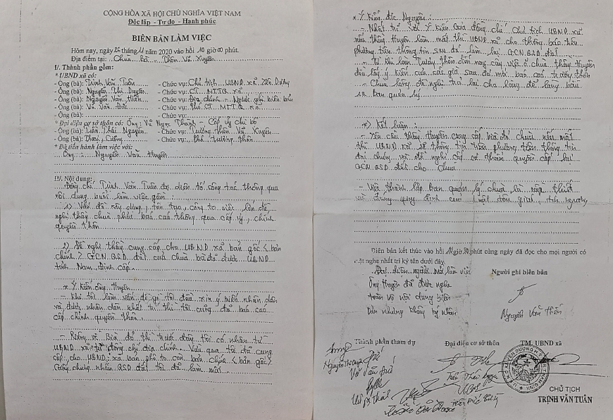 Biên bản làm việc của UBND xã Yên Dương với thủ nhang chùa Cảnh Bà về những vấn đề bất cập xảy ra tại chùa.