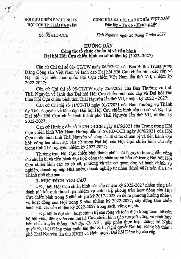 Hướng dẫn số 05/HD-CCB ngày 26/7/2021 của Hội CCB TP Thái Nguyên, về công tác tổ chức chuẩn bị tiến hành Đại hội Hội CCB cơ sở nhiệm kì 2022 - 2027