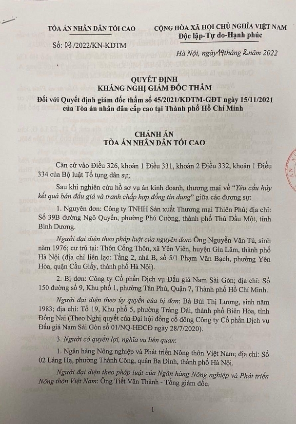 Quyết định kháng nghị giám đóc thẩm của TAND Tối cao
