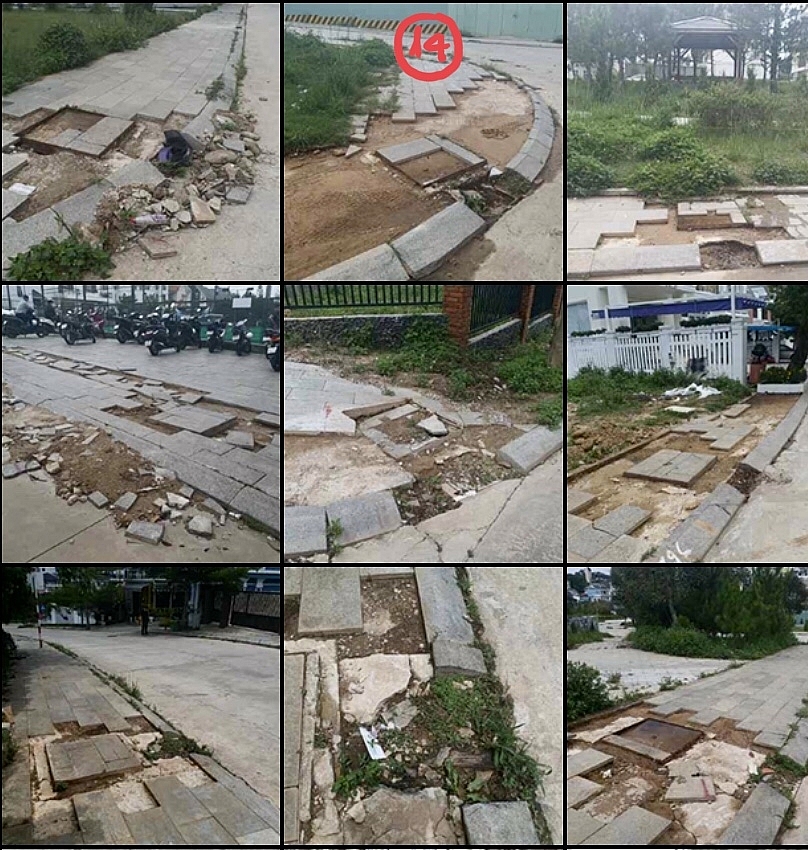 “Đồng hành” với vỉa hè xuống cấp, bóng tróc… gần như 70-80% miệng cống thoát nước (vốn đã nhỏ, lại thiết kế không phù hợp) đều hư hỏng, cỏ, cát lấp đầy