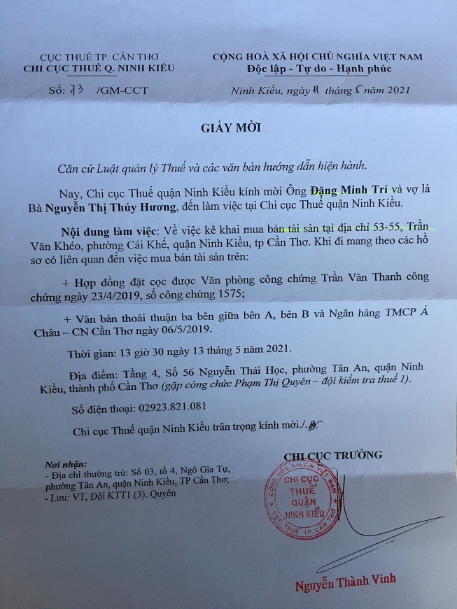 Chi cục Thuế quận Ninh Kiều mời những người liên quan lên làm việc