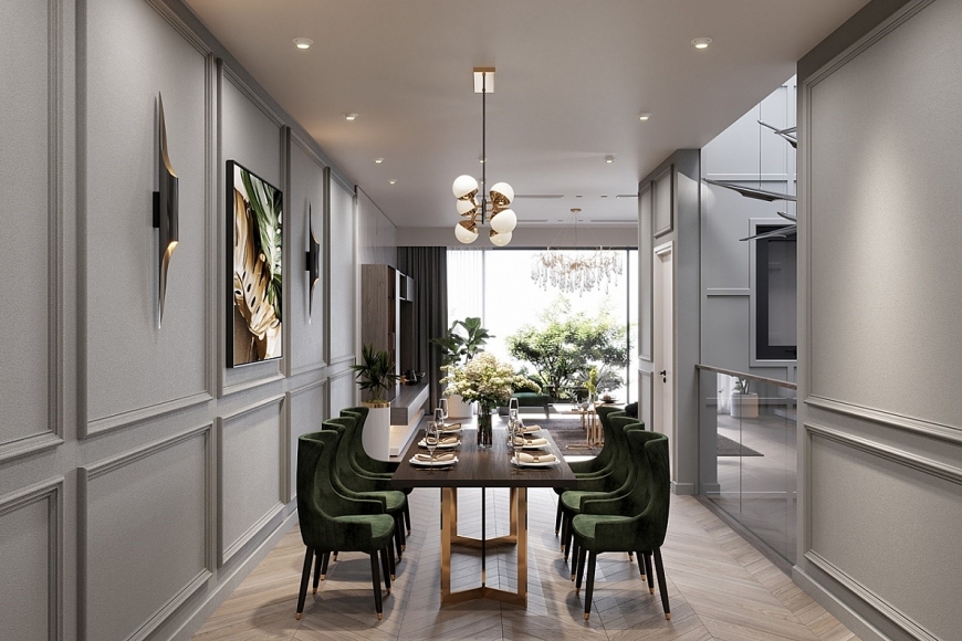 Phòng bếp được thiết kế trang nhã và hiện đại tạo nên một không gian sang trọng cho bữa cơm gia đình
