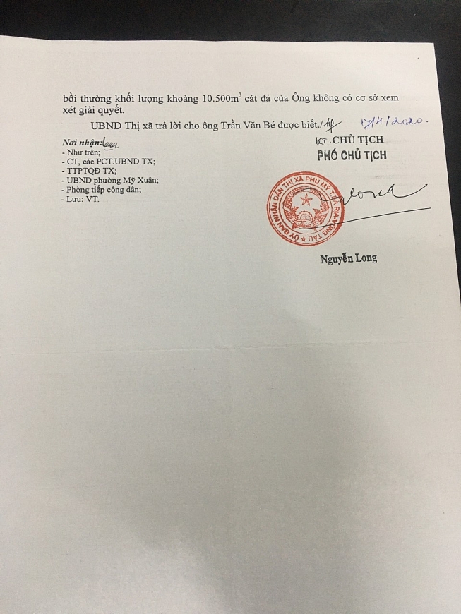 Văn bản trả lời của UBND thị xã Phú Mỹ trả lời ông Bé liên quan đến dự án Cảng thủy nội địa và bài Đông Triều, phường Mỹ Xuân, thị xã Phú Mỹ