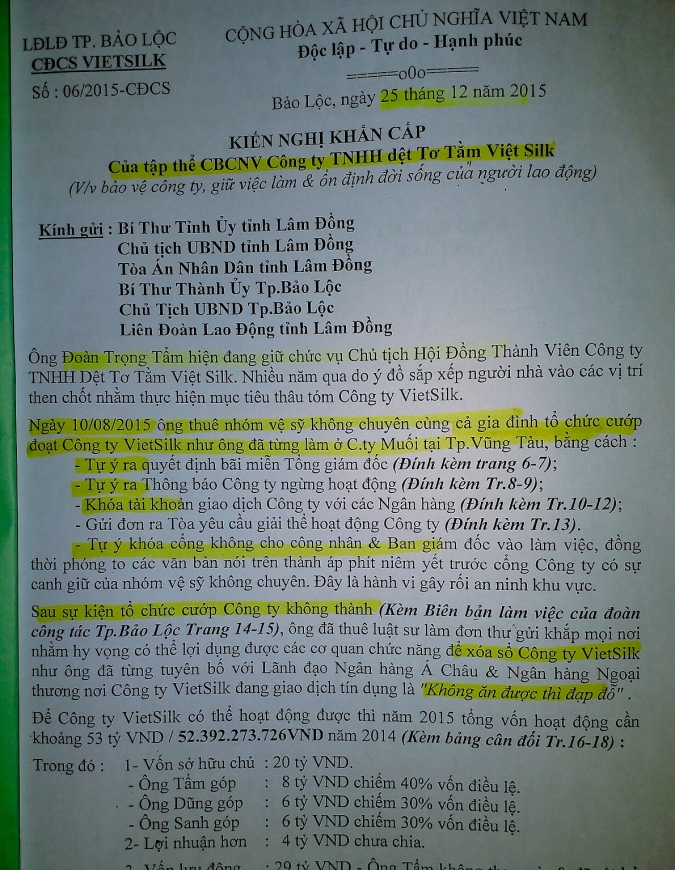 Đơn kiến nghị khẩn cấp việc ông Tẩm phong tỏa công ty
