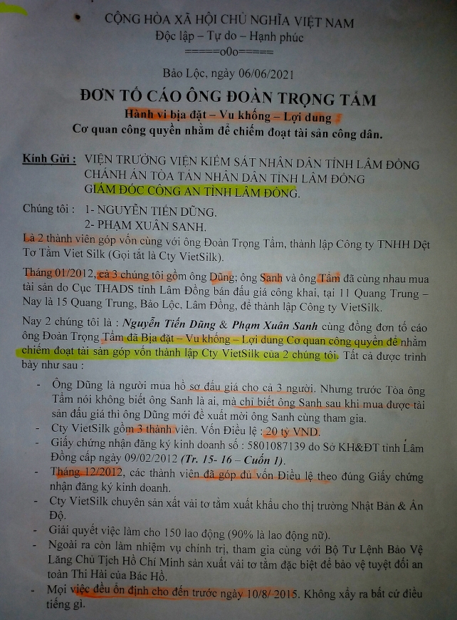 Đơn tố cáo ông Tẩm bịa đặt, vu khống nhằm chiếm đoạt toàn bộ Việt Silk