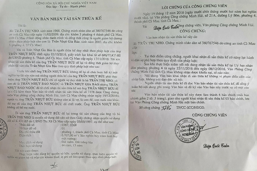 Giấy tờ chứng minh bà Nho có thực hiện việc nhận tài sản từ người chồng đã chết.