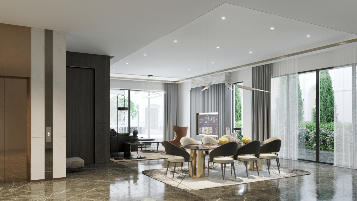 Với thiết kế các bức tường nhà đều sử dụng kính chịu lực nên các phòng trong nhà, dù là phòng khách, bếp, ăn, đều có view nhìn trực tiếp ra khoảng vườn xanh mát