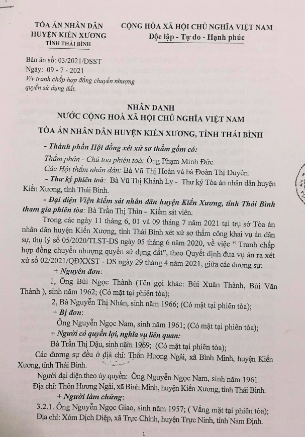 Bản án dân sự sơ thẩm số 03/2021/DSST, ngày 9/7/2021 của TAND huyện Kiến Xương.
