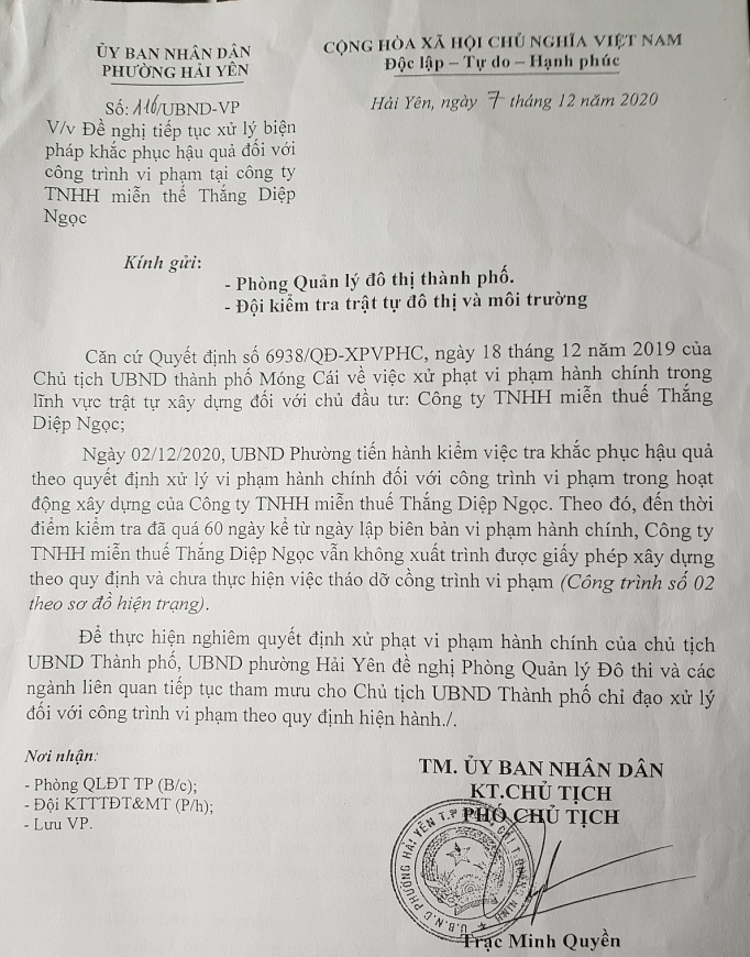 Văn bản của UBND phường Hải Yên gửi các cơ quan chức năng TP Móng Cái đề nghị tiếp tục xử lý sai pham việc xây dựng công trình trái phép của Công ty TNHH miễn thuế Thắng Ngọc Diệp.