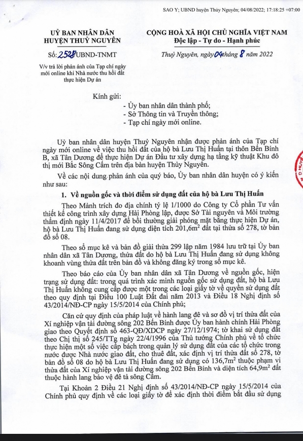Văn bản số 2528/UBND-TNMT đề ngày 4/8/2022 của UBND huyện Thủy Nguyên 