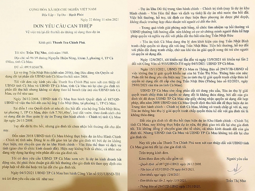 Đơn của bà Nho gửi đến Thanh tra Chính phủ