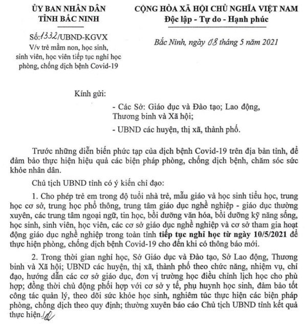 Bắc Ninh tiếp tục cho học sinh nghỉ học từ 10/5