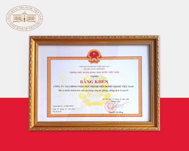 Bằng khen từ Ngân hàng Nhà nước Việt Nam trao tặng cho Home Credit Việt Nam